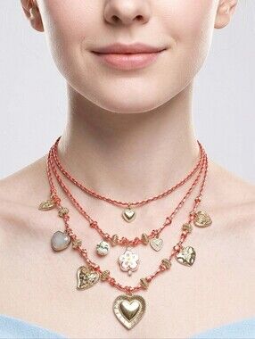 Heart Floral Charm Station Double Layered Cord Necklac